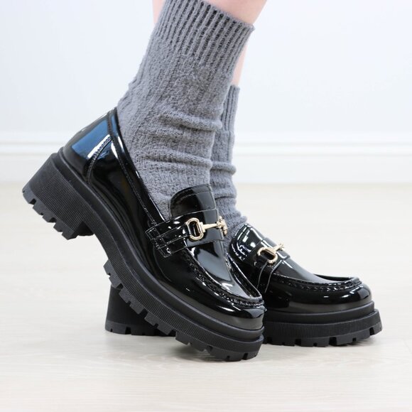 Black Patent Horsebit Loafers Chunky Platform Lug Sole Slip-Ons Modern Academia - Picture 3 of 16
